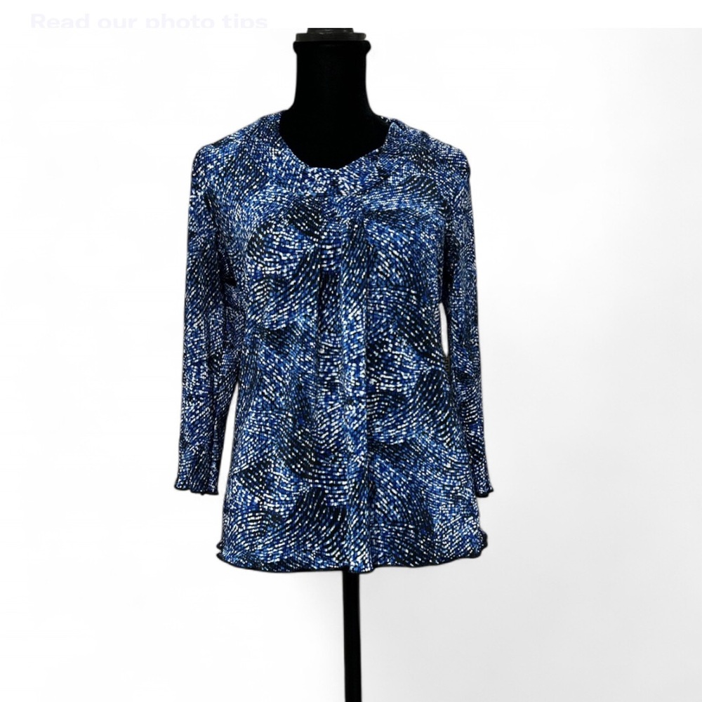 CHRISTOPHER & BANKS  Blue and Black Ruffle  Font Patterned Blouse. Petite S